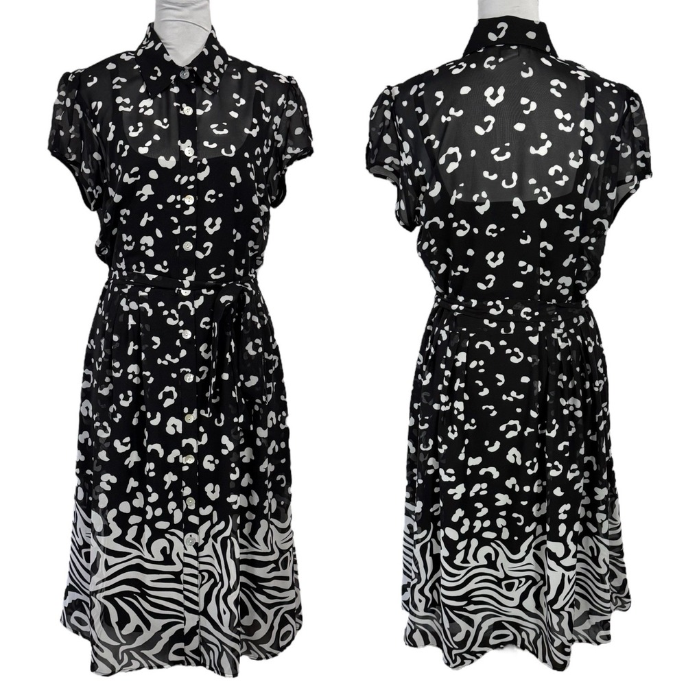 NWT Vintage Sheer Chiffon Midi Shirt Dress Size 12 10 Safari Button Front Animal
